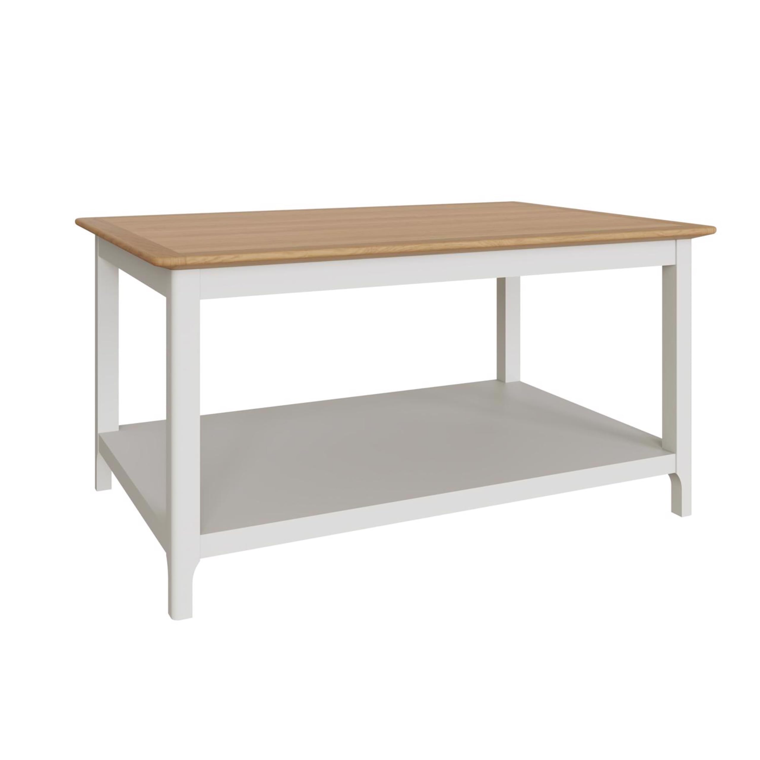 FWStyle large coffee table in solid oak and cream linen painted finish. W90cm x D60cm x H46cm.