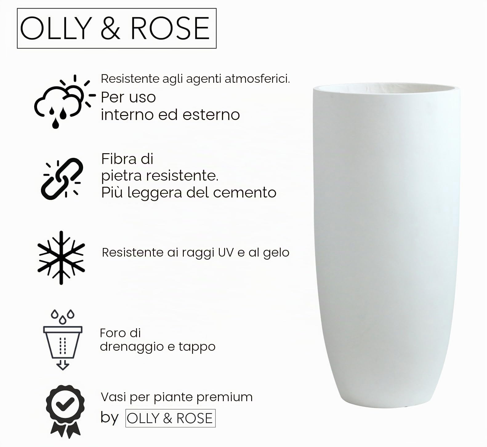 Olly & Rose Vaso alto in fibra bianco opaco, altezza 65 cm, diametro 30 cm, vasi grandi per piante e vasi da fiori per giardino e casa