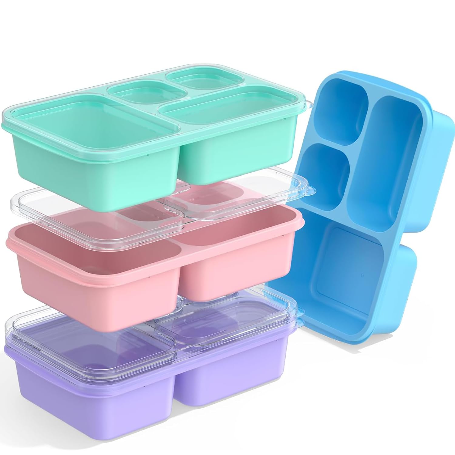 ZHUIYIWIN ZHUYIWIN Snack Boxes (4 Pack), Reusable Bento Lunch Boxes with 4 Compartments for Kids Adults,Divided Food Storage Containers for School Work Travel, Pink, Blue, Purple, Green