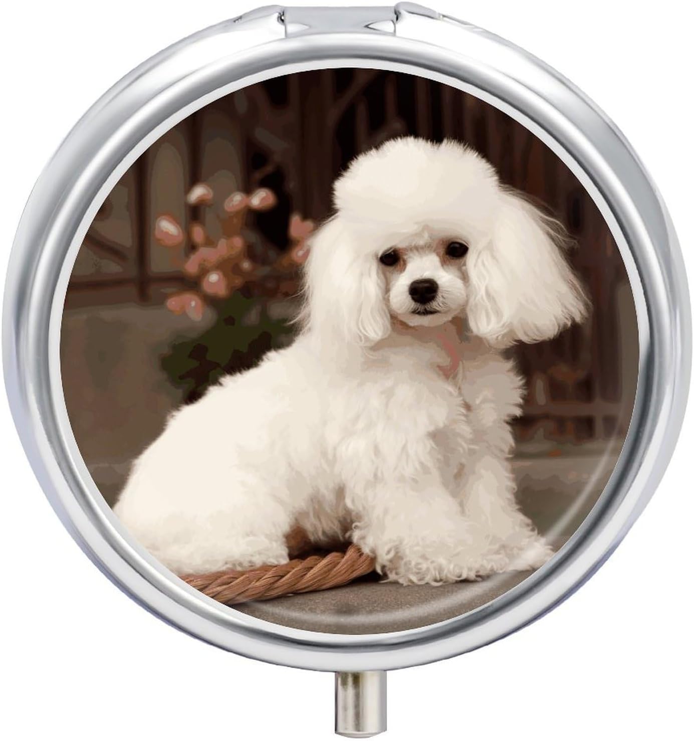 Round Daily French Poodle Pill Case with 3 Compartment & Mirror