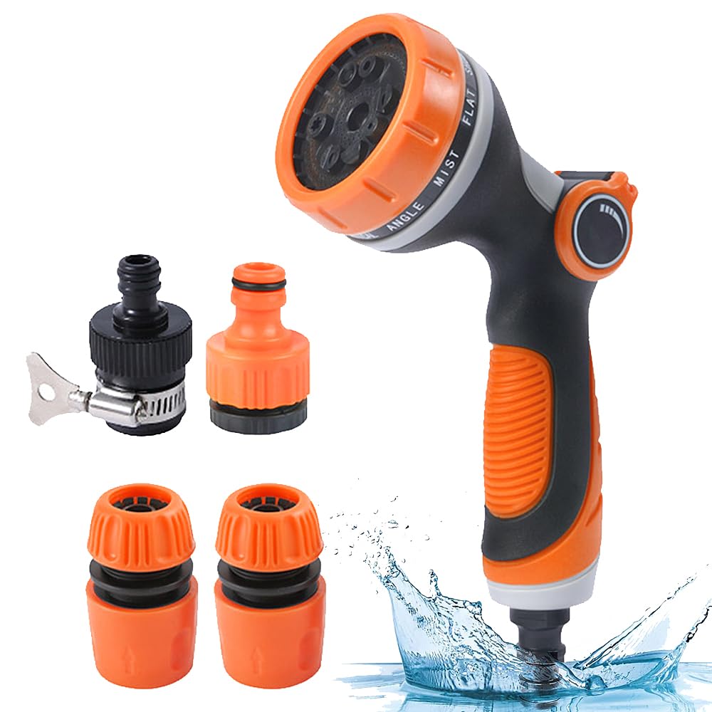 Garden Hose Pipe Spray Gun Set, 10 Adjustable Patterns Spray Nozzle with Thumb Control, High Pressure Anti-Leaking Hose Gun with Hose Connectors, Perfect for Car Washing, Plants Watering, Pet Bathing