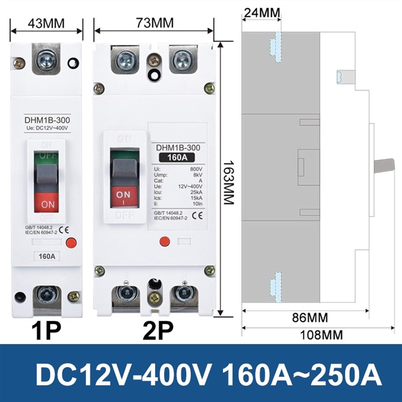 Disjoncteur à boîtier moulé, DC 12V 24V 48V 72V MCCB 250A, Batterie 100A 200A 300A 400A 600A, Protecteur de Pile de Charge de Voiture(2P,350A)