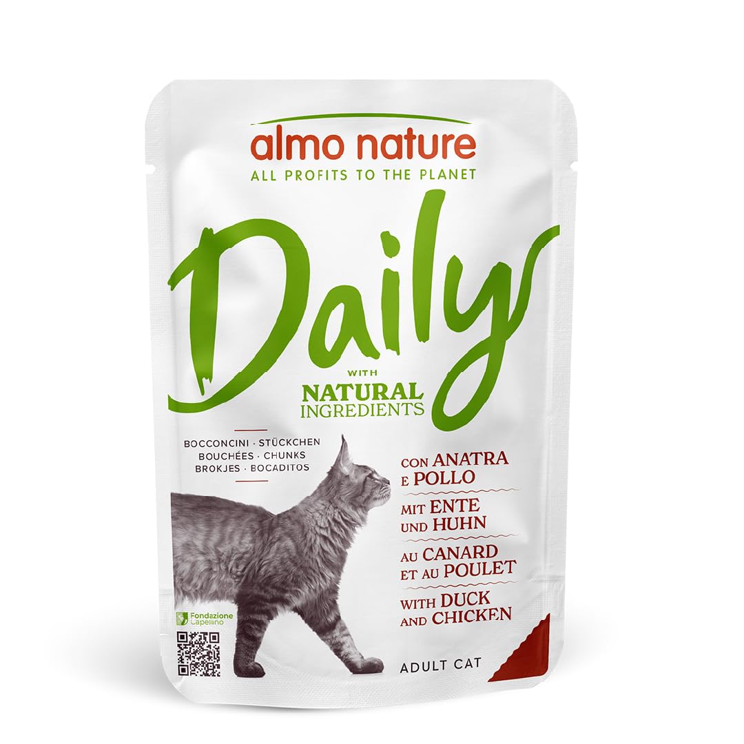 Daily - Complete Wet Cat Food for Adult Cats - Chunks - with Chicken and Duck - NON-GMO, Presertive-Free - Pouches, 70g (Pack of 30)