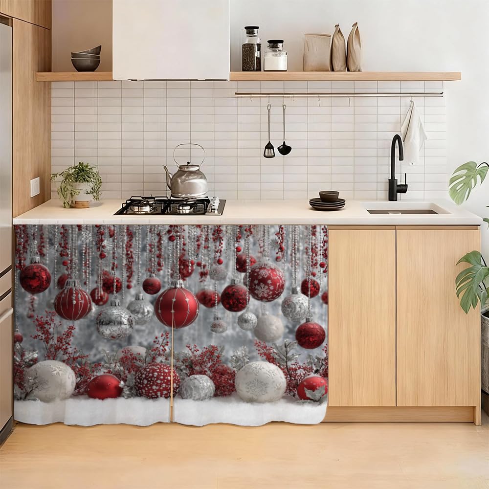 Self Adhesive Red &amp; Silver Bauble Cabinet Curtain for Mother's Day, 39x28 Inch Sparkling Ornaments Under Sink Skirt No Drill, Spring Cleaning Kitchen Decor, Hook and Loop Valance