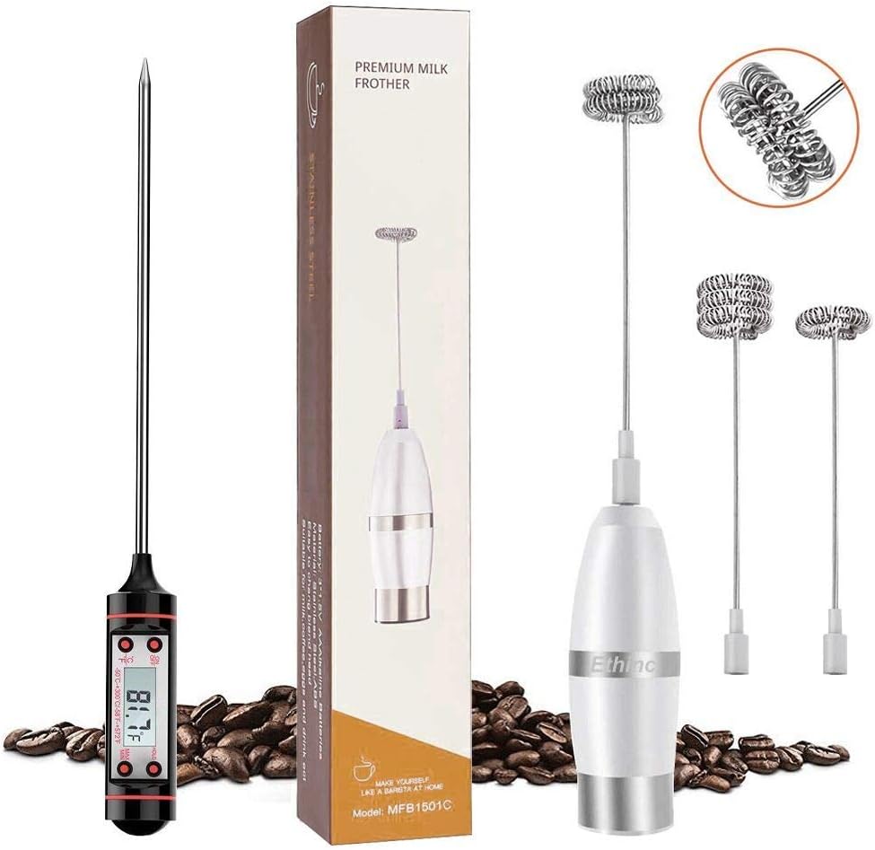 YITHINC Milk Frother Stainless Steel Coffee Frother Powerful Electric Handheld Foam Maker for Latte Cappuccino Hot Chocolate Drink Mixer,Battery Operated with 3-Size Whisks+1 Cooking Thermometer