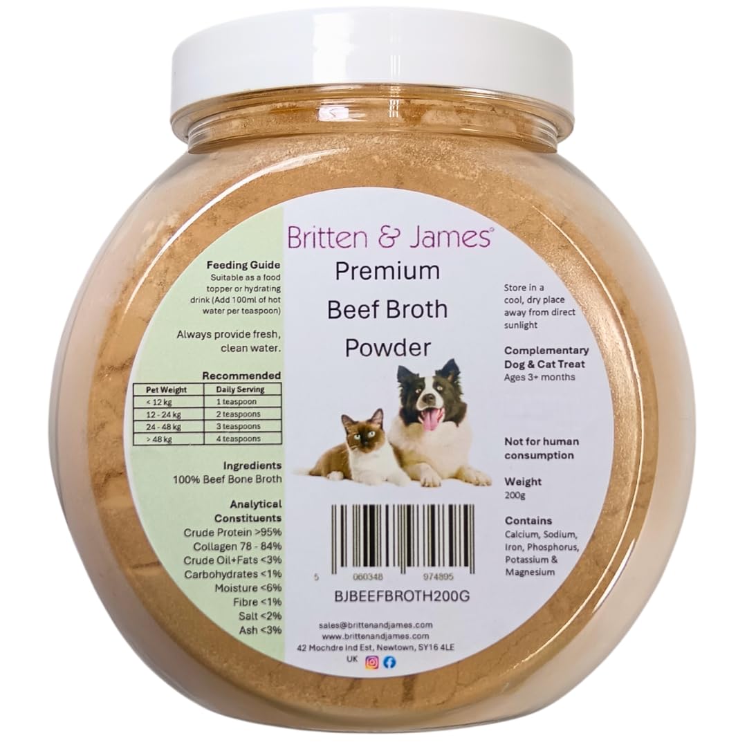 Pure Beef Bone Broth Powder for Dogs and Cats by Britten and James (200g). A Natural and Healthy Topper and Drink - Supports Joints, Digestion, Gut and Immune System