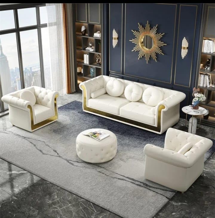 Image of A to Z Furniture Classic Chesterfield Sofa Set Luxury Chesterfield Sofa in for Home Living Room & Office (White)