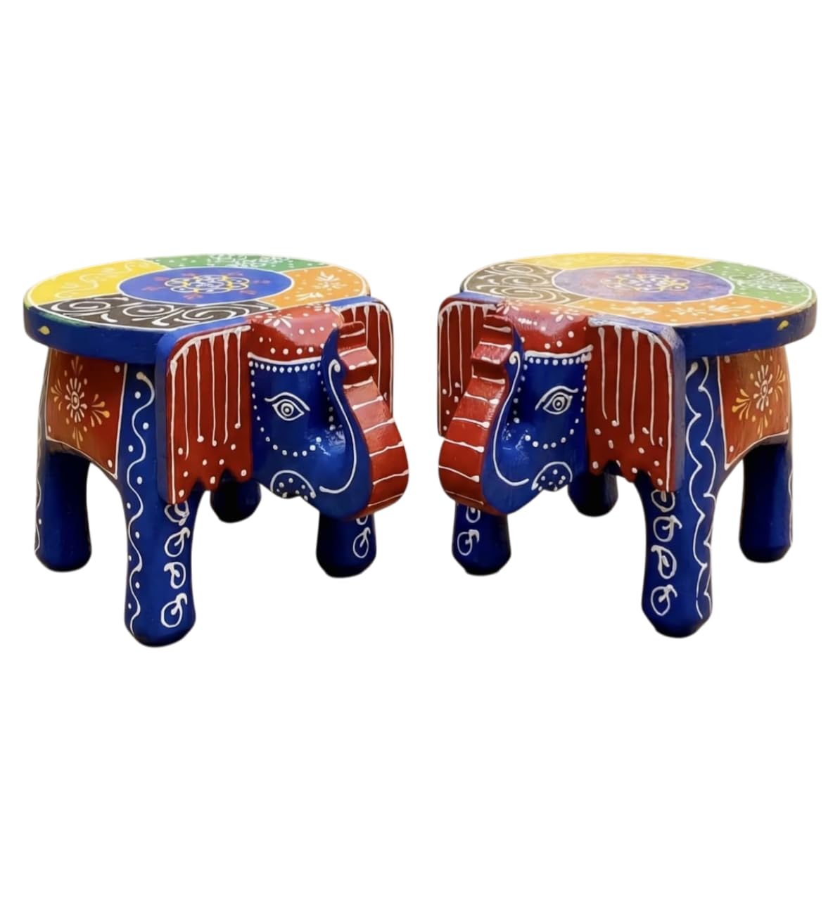 Handcrafted Wooden Elephant Stool Set of 2, 4 Inch Rajasthani Hand Painted Mini Table & Decorative Showpiece, Multicolor Traditional Ethnic Home Decor for Living Room, Office & Gifting