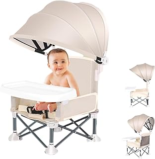 Little Bean Foldable Baby Booster Seat Dining Chair with Detachable Sunshade Travel Portable with Removable Tray for Indoor Outdoor Open Sit Folding Booster Feeding/Camping Chair for Toddler (Beige)