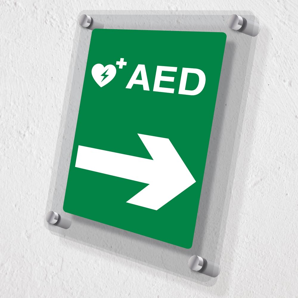 V Safety AED Arrow Right - 200 x 300 mm - Acrylic Perspex Cast Clear Safety Sign, Green - Image 2