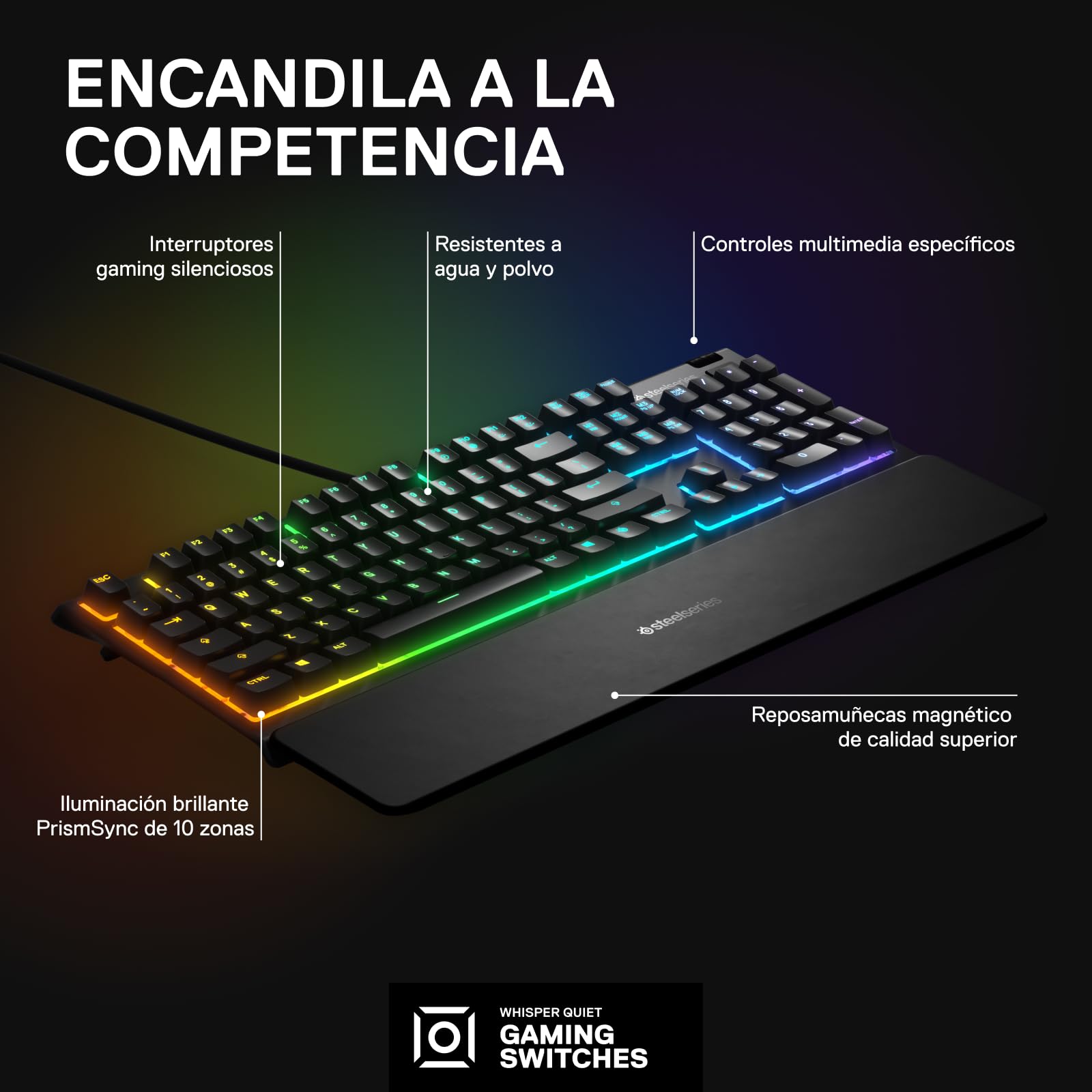 SteelSeries Apex 3 - Teclado Gaming - Iluminación RGB de 10 zonas - Resistencia al agua IP32 - Reposamuñecas magnético superior - Teclado QWERTY Español
