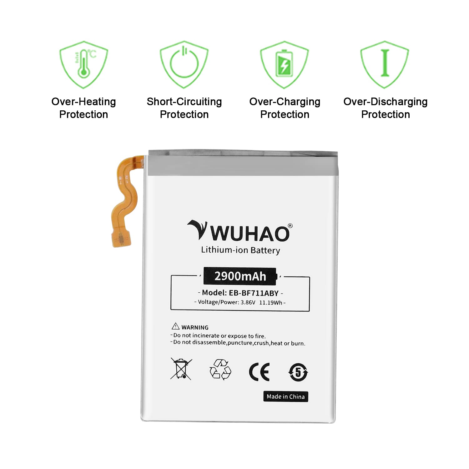 WUHAO EB-BF711ABY Battery 2900mAh for Samsung Galaxy Z Flip 3 5G SM-F711U SM-F711U1 SM-F711W Battery with Adhesive Tape Tool Repair Kit