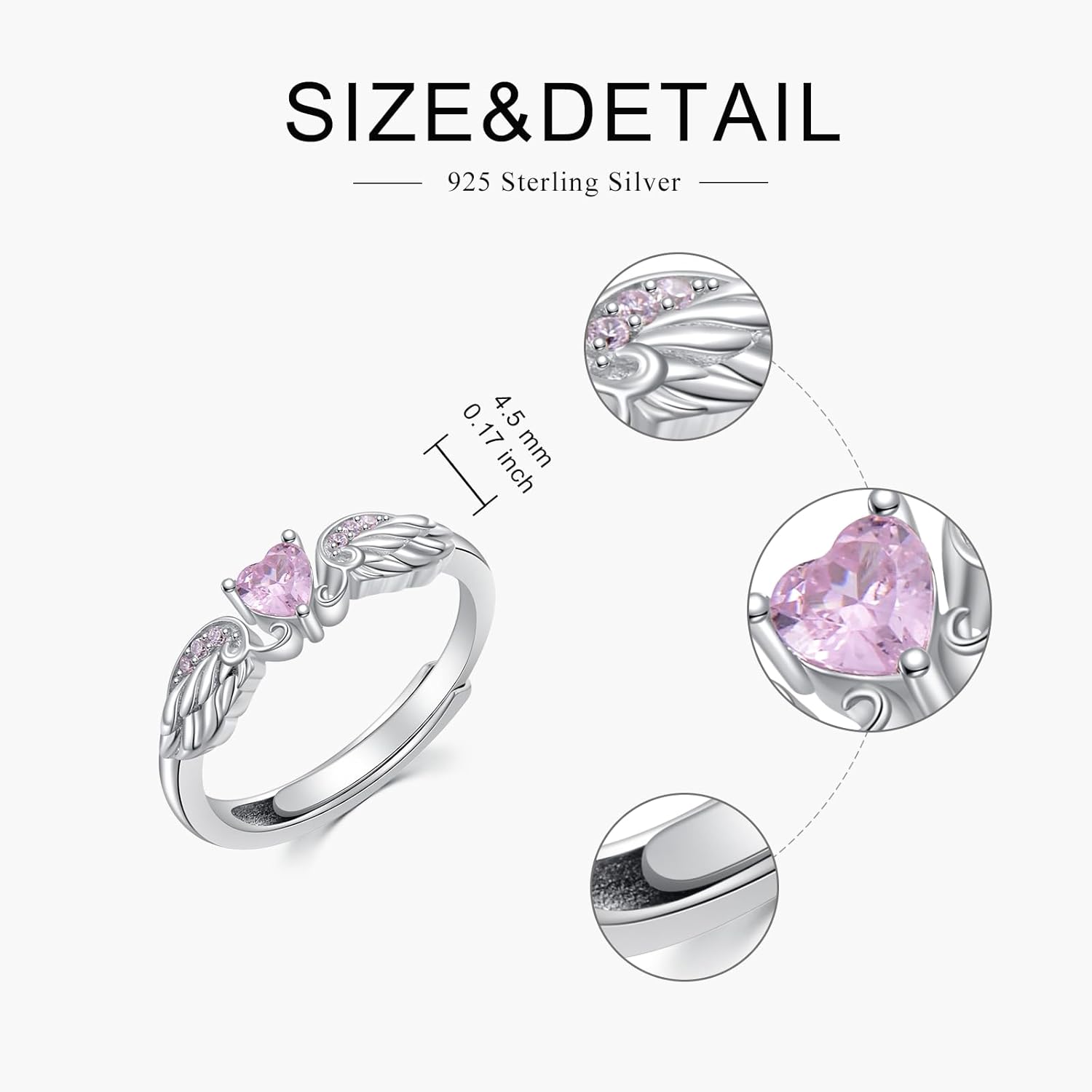 Angel Promise Ring 925 Sterling Silver Angel Wing Heart Ring for Women Angel Memorial Ring with Heart Birthstone Promise Ring Adjustable Size 7 - Image 4