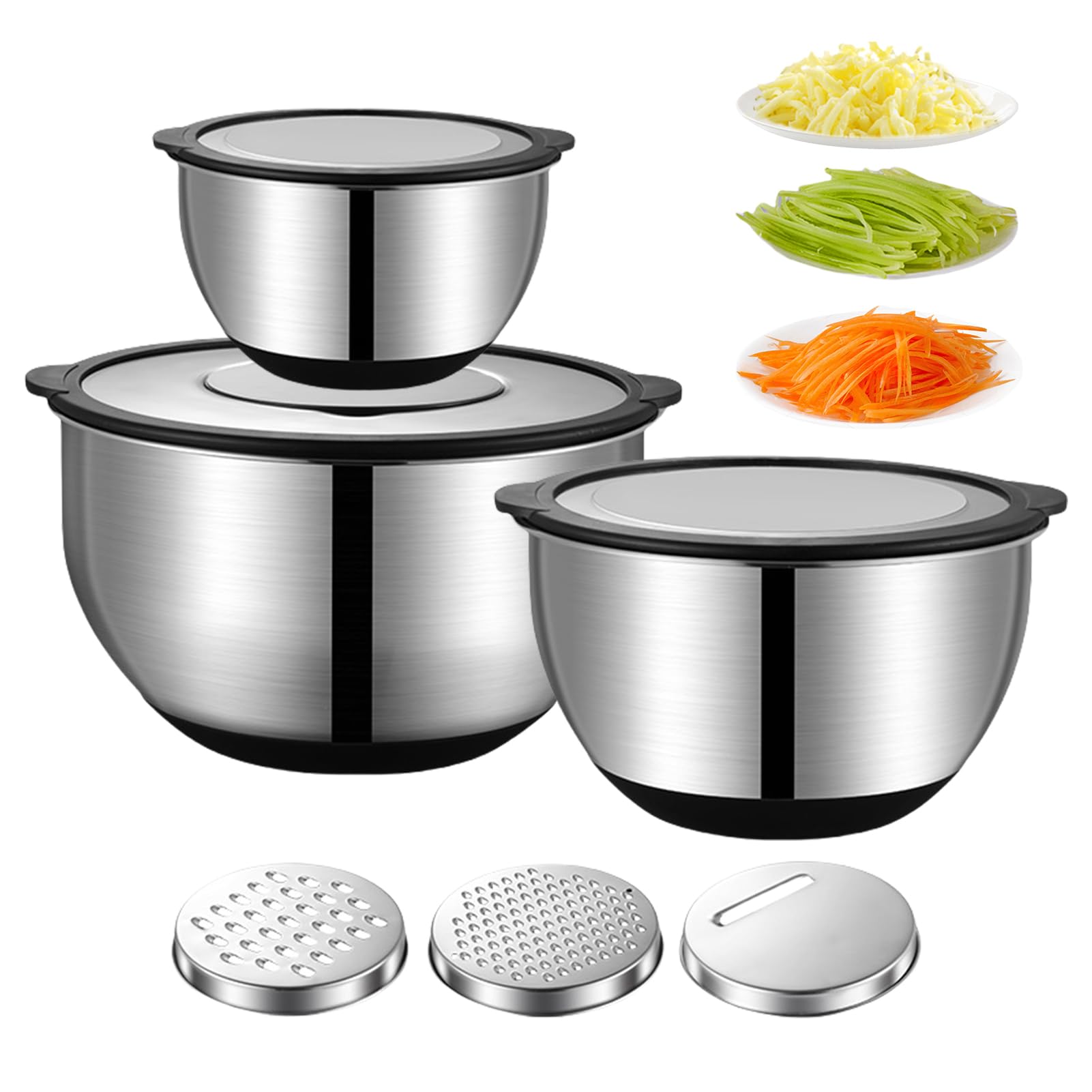 3Pcs Rührschüssel Mit Deckel,1.5L/2.5L/4.5L Edelstahl Schüssel Mit Deckel,Edelstahl Schüssel Salatschüssel Set Mit Deckel & Silikonboden & 3 Reibenaufsätzen,Salatschüssel Mit Deckel Groß (A)