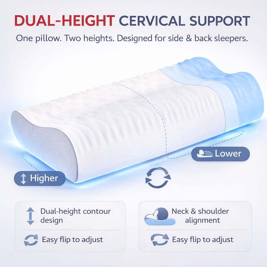 Memory Foam Pillow for Neck Pain, CertiPUR-US® Cervical Neck Pillow with Dual-Height Design, Cooling Cover, 3D Ergonomic Support & Odor-Free Tech for Side/Back/Stomach Sleepers (White)