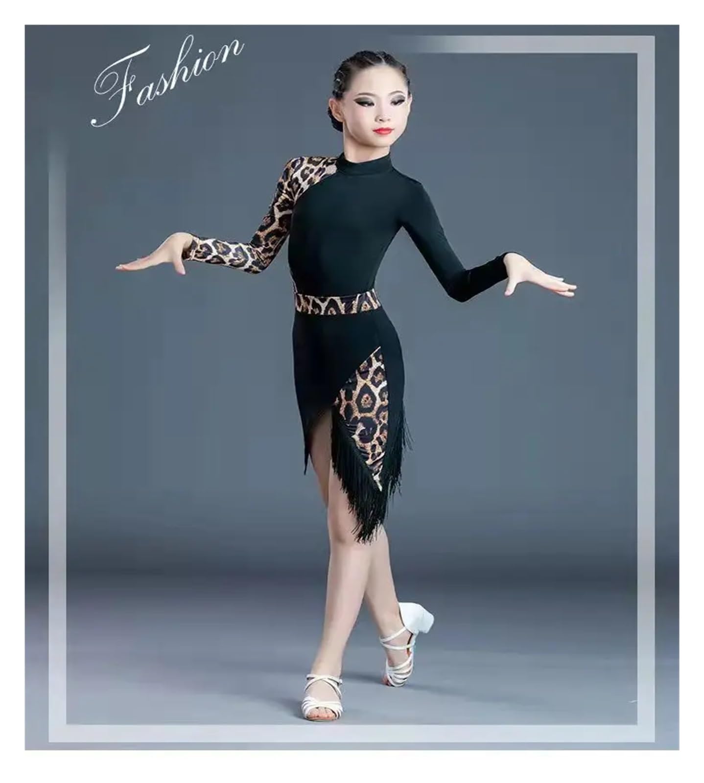 Robe Danse Latine Filles Professionnel Danse Latine Robe Enfants Salle de Bal Salsa Porter des vêtements compétitions scène(Beige,120)