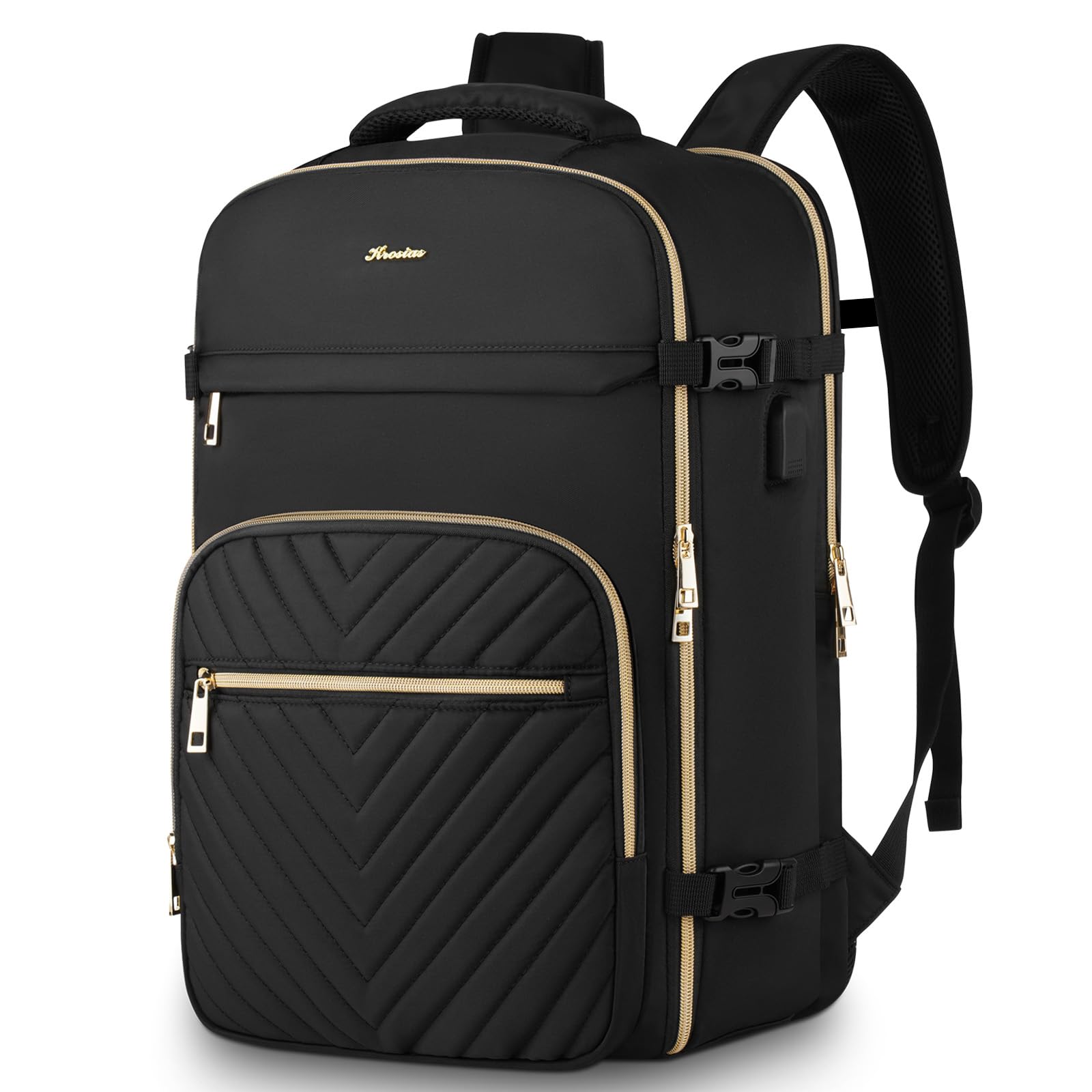 KROSIAS Travel Backpack for Women, Carry On Backpack for Airplanes Flight Approved, Waterproof Large Weekender Overnight Bag Fit 17 Inch Laptop with USB Charging Port, Black