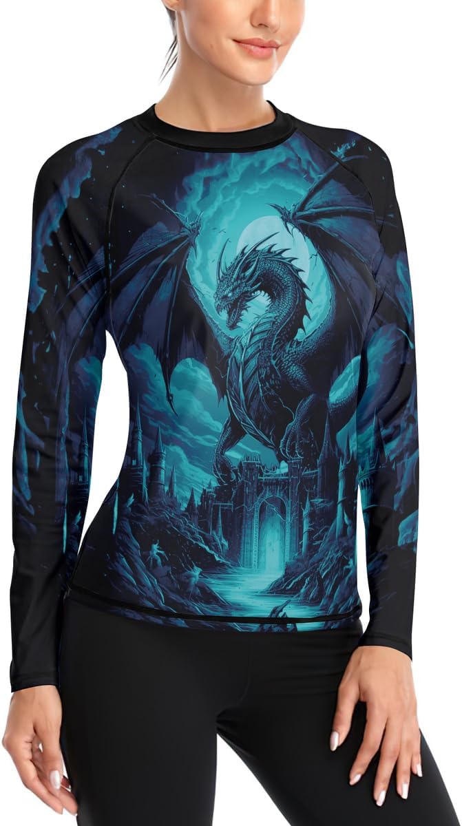 FORMONIES Women's Dragon Compression Shirt Long Sleeve Rash Guard for MMA BJJ Grappling Training Fight Gear