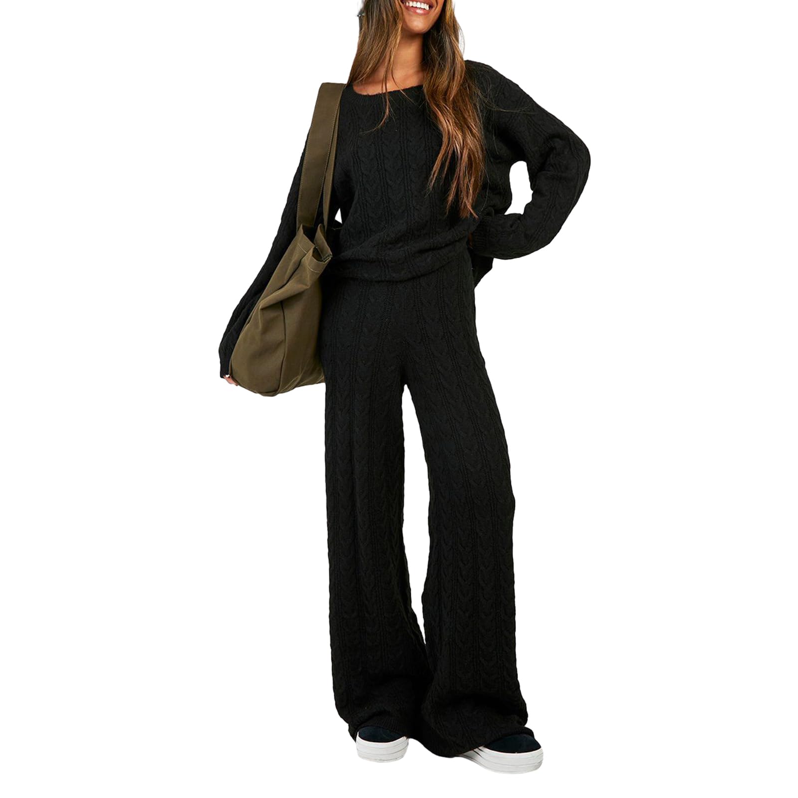 Zweiteilige Damen-Outfits, Pullover-Sets, 2-teiliges, langärmliges Strickpullover, Oberteil, weites Bein, Hose, lockere, passende Loungewear