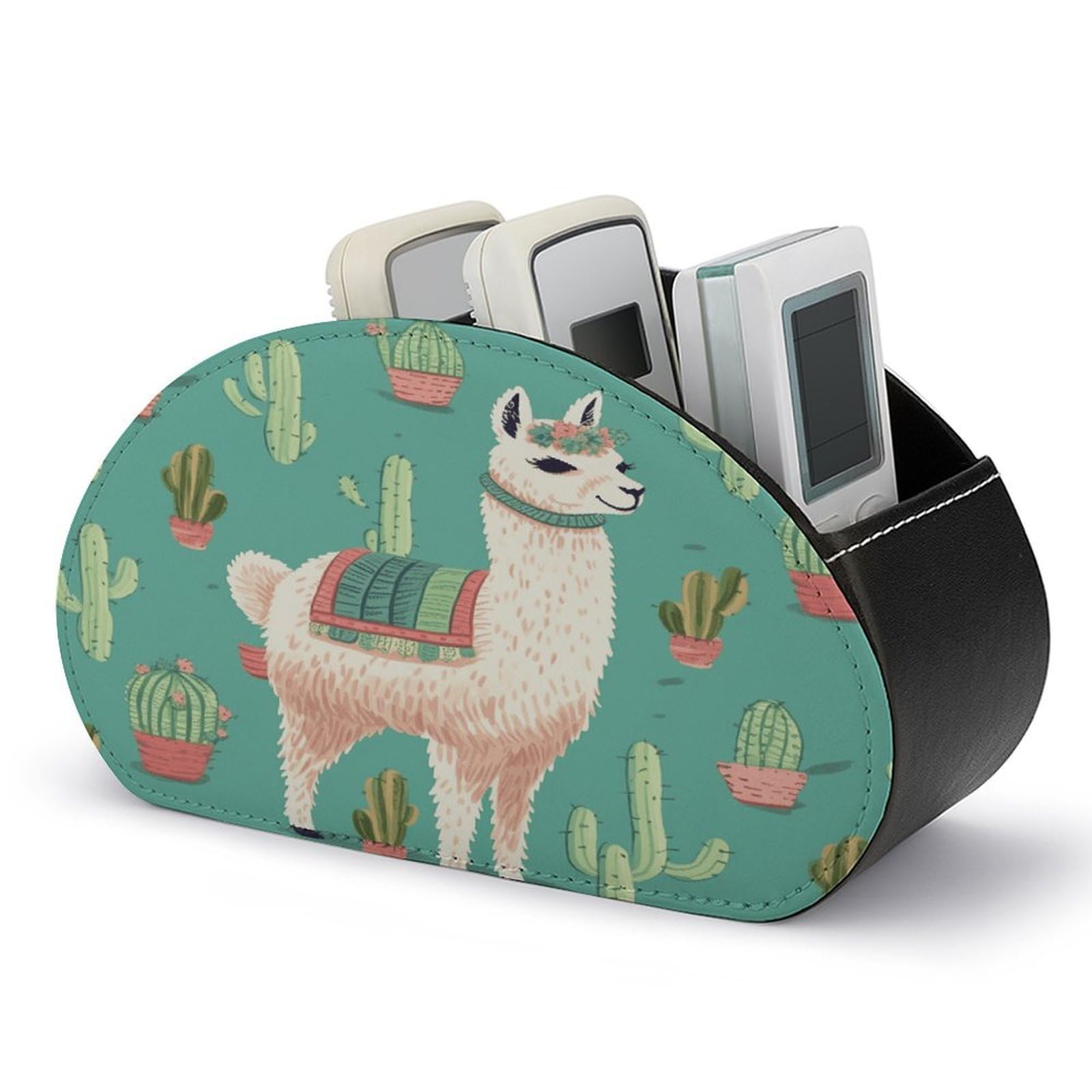 FekiLoot Alpaca Cactus Remote Control Holder with 5 Compartments Multi-functional TV Remote Caddy Organizer Leather TV Remote Holder Desktop Organizer Store for Bedside Table Office Desk