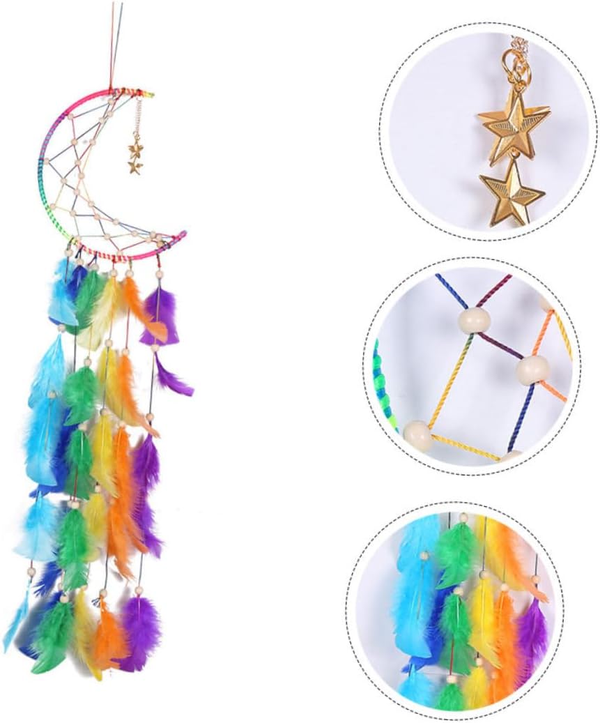 Colorful Crescent Moon Dream Catcher Wall Hanging Pendant with Gold Stars, Boho Home Adornment for Balcony and Bedroom Decor, Indoor Hanging Ornament
