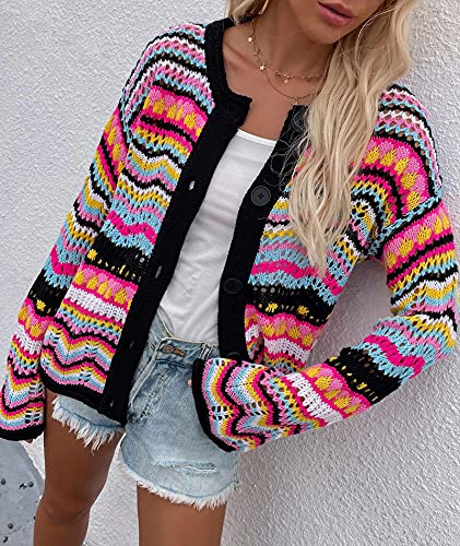 Image of xxxiticat Women's Rainbow Knitted Cardigan Sweater Long Sleeve Multicolor Striped Sweater Jumpers Open Front Jacket