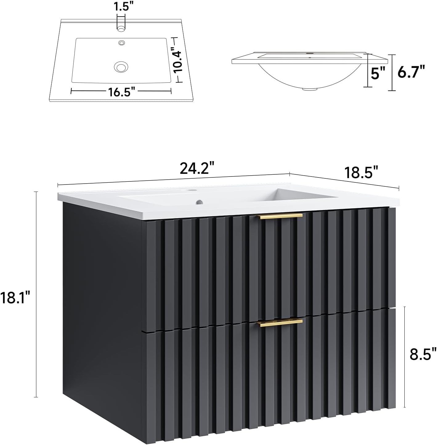 ONBRILL 24 Inch Bathroom Vanity with Sink Combo, Floating Bathroom Vanity with 2 Fluted Drawers & Metal Handle, Modern Wall Mount Storage Cabinet with Ceramic Integrated Sink for Small Space (Black)
