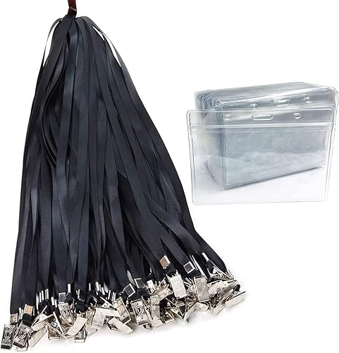 50Pack Name Tags Badge Holder With Lanyard Horizontal Waterproof Plastic Id Card Holder Lanyards Nametags For Desks Kids School Business Trade Event Name Tag Lanyards Badge Holders (Nylon Black) #TOP24