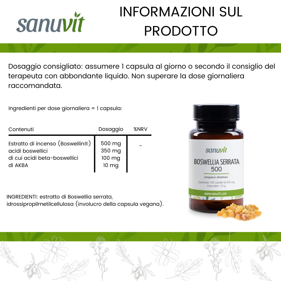 Sanuvit® - Cápsulas de Incienso 500 mg | Altamente dosificado con 500mg de Boswellia serrata india por cápsula | Alta biodisponibilidad | con Boswellin® | Vegano | 180 cápsulas
