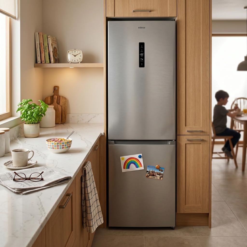 EDESA Frigorífico Combi EFC-1834 NF EX Total No Frost de 186 cm, 304 L, Control Electrónico, Display LED, Congelación Rápida, Puertas Reversibles, Clase E, Acero Inoxidable