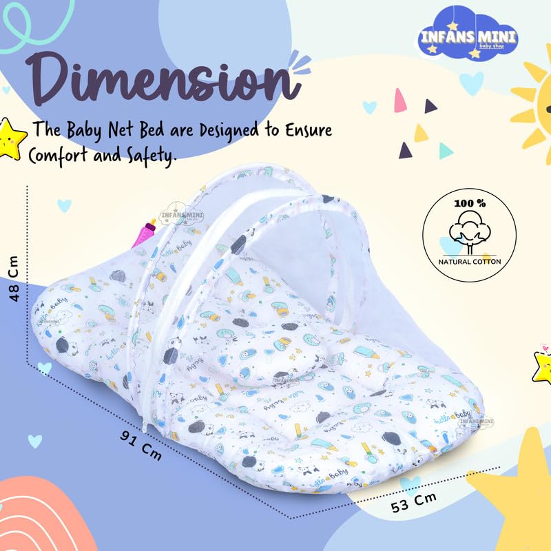 Image of Baby Bed with Mosquito and Insect Protection Net, Portable Mattress with Zip Closure & Pillow Ideal for Babies from 0-6 Months-Unisex (Panda Blue)