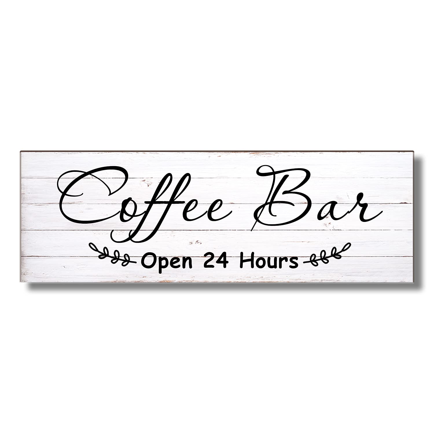 UTF4C Wooden Sign Printed Wall Art Coffee Bar Open 24 Hrs White Farmhouse Wood Sign Wall Décor Gift Hanging Decor Funny Decoration for Shop 6" x 18"