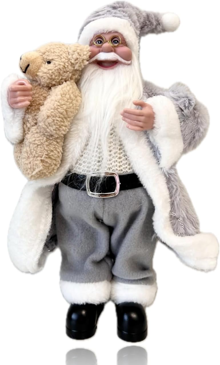 Santa Claus Decorations, Standing Christmas Santa Claus Figurine Home Decor with Gifts Bag/Bear Handmade Gift (Grey)
