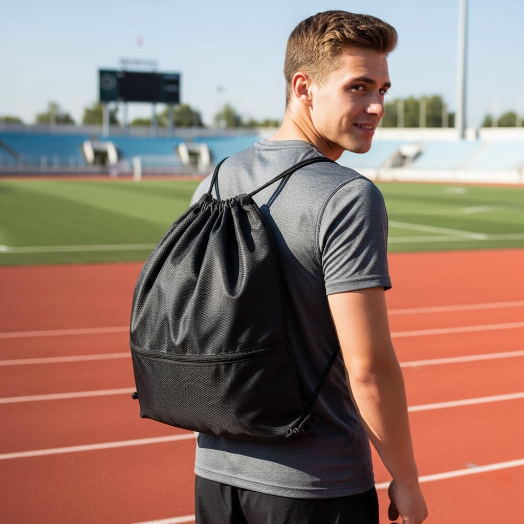 Arae Sac à dos à cordon étanche en tissu Oxford avec poche avant, sac de sport léger pour la remise en forme et les voyages, Noir, S