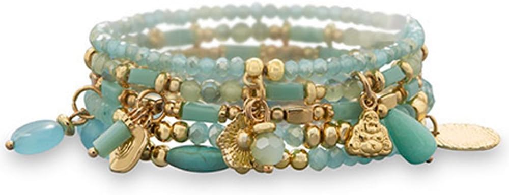 Gold Tone Stretch Bracelets with Aqua Beads โ Set of 5 Bracelets to Mix and Match