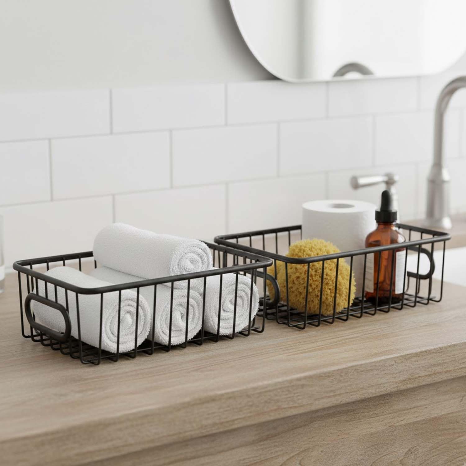 Bianco Multipurpose 10" Metal Bathroom Storage Organizer Basket Bin - Modern Wire Grid Design - for Organization in Cabinets, on Countertops, Bedroom, Kitchen, Bathroom, Garage (Pack of 2, Black)-image-28
