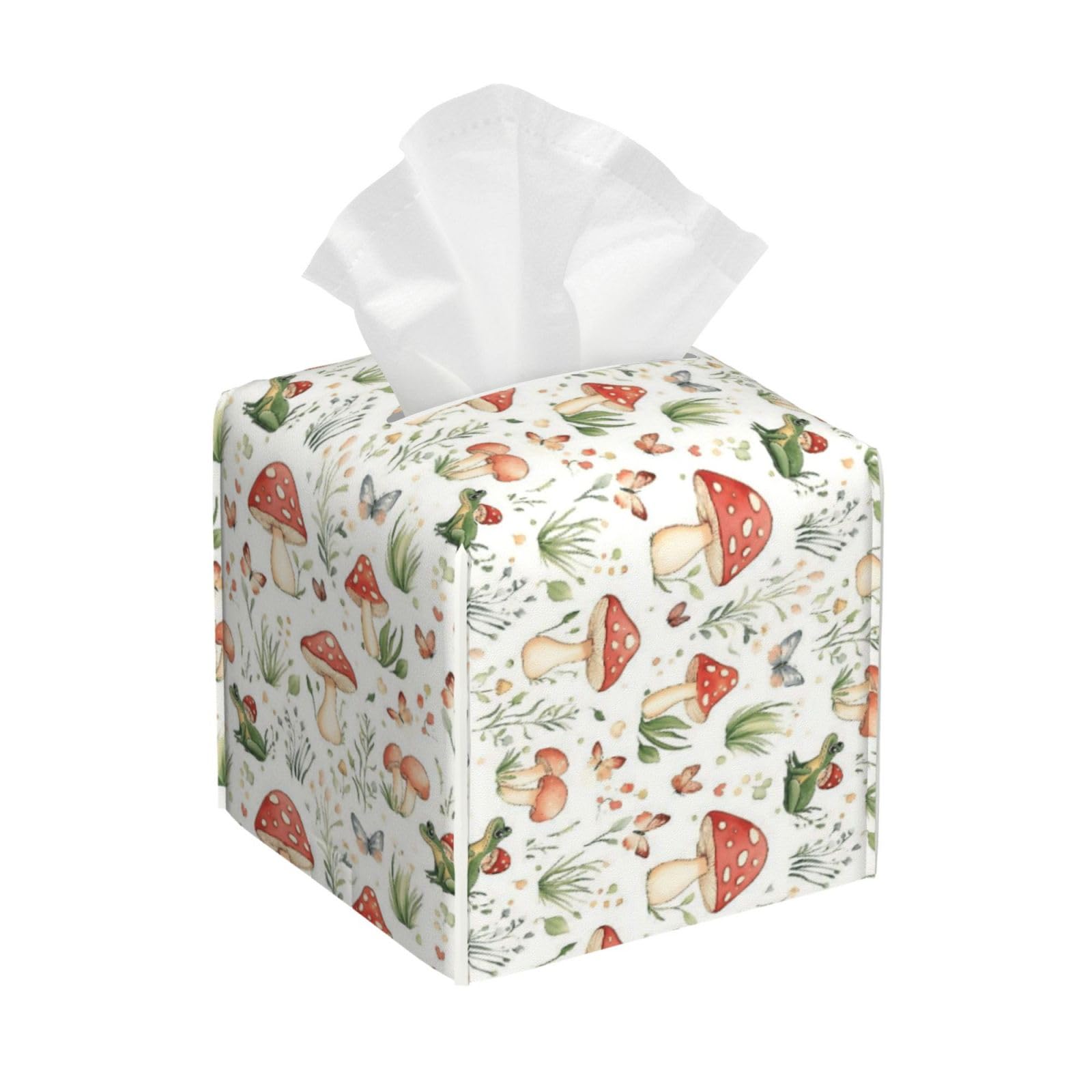 Nature Frog Butterfly Print Tissue Box Cover Holder Square, Foldable Modern Cube Tissue Box Cover, Leather Decorative Organizer for Tabletop Bathroom Car Office Desk Decor