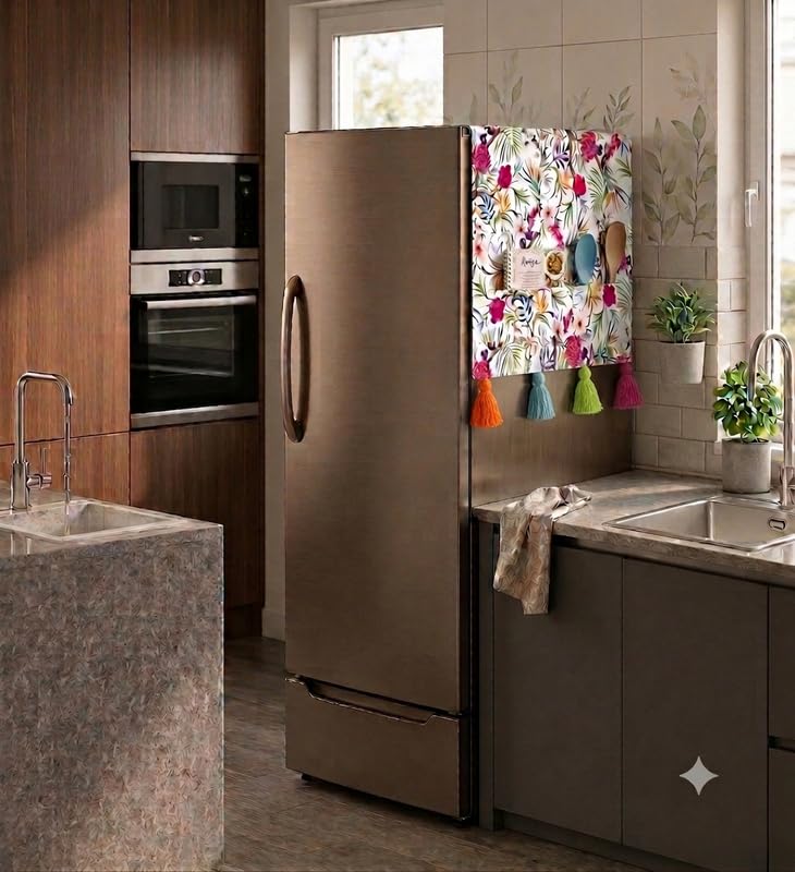 Image of Single Door Fridge Cover 100-250L | 450 GSM Durable Fridge Top Cover with Tassels & Pockets | Fits Godrej, LG, Haier, Samsung Models | Dustproof Refrigerator Cover in Floral | WWW.THROWPILLOW.IN