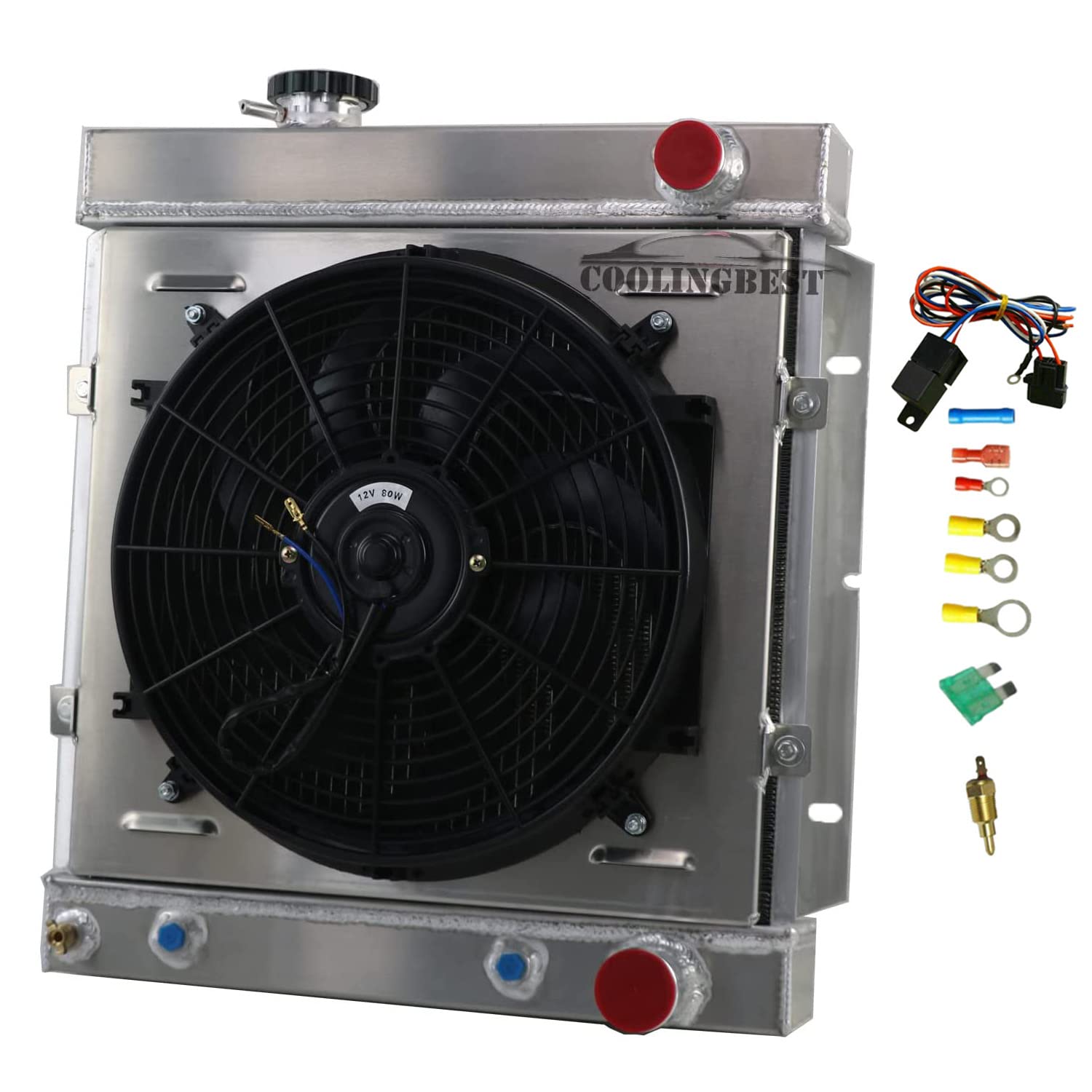 COOLINGBEST CU259 4 Row Aluminum Radiators for 1960-1966 Mercury Comet/Ford Falcon Ranchero Mustang 260 289 V8 AT MT, Radiator with Electric Fan Shroud Thermostat Kit 1961 1962 63 64 65Radiador