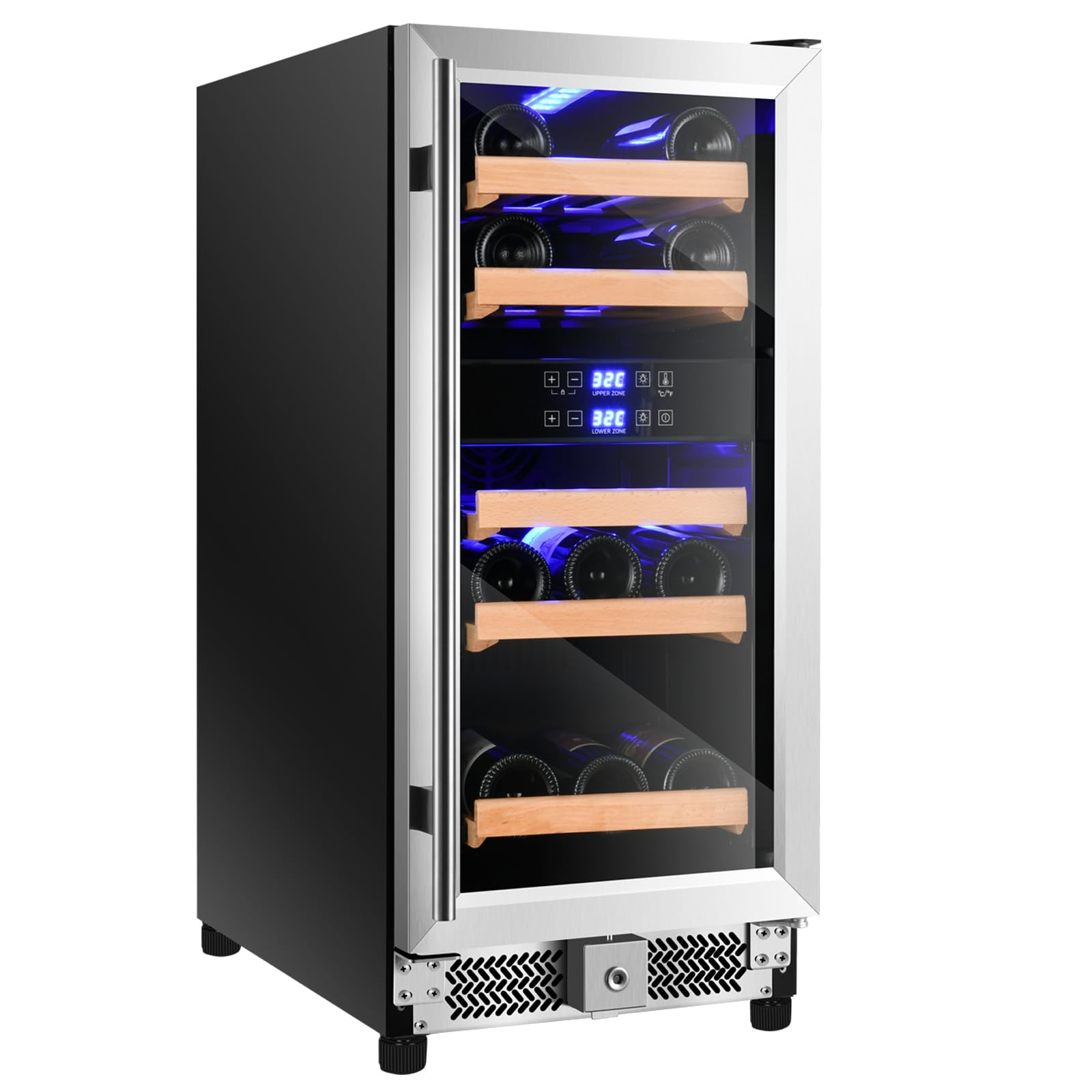 15 Inch Wide Dual Zone Wine Fridge with Lock, 28 Bottles Freestanding & Built In Wine Cooler Refrigerator with Stainless Steel Glass Door, Temperature Memory Function
