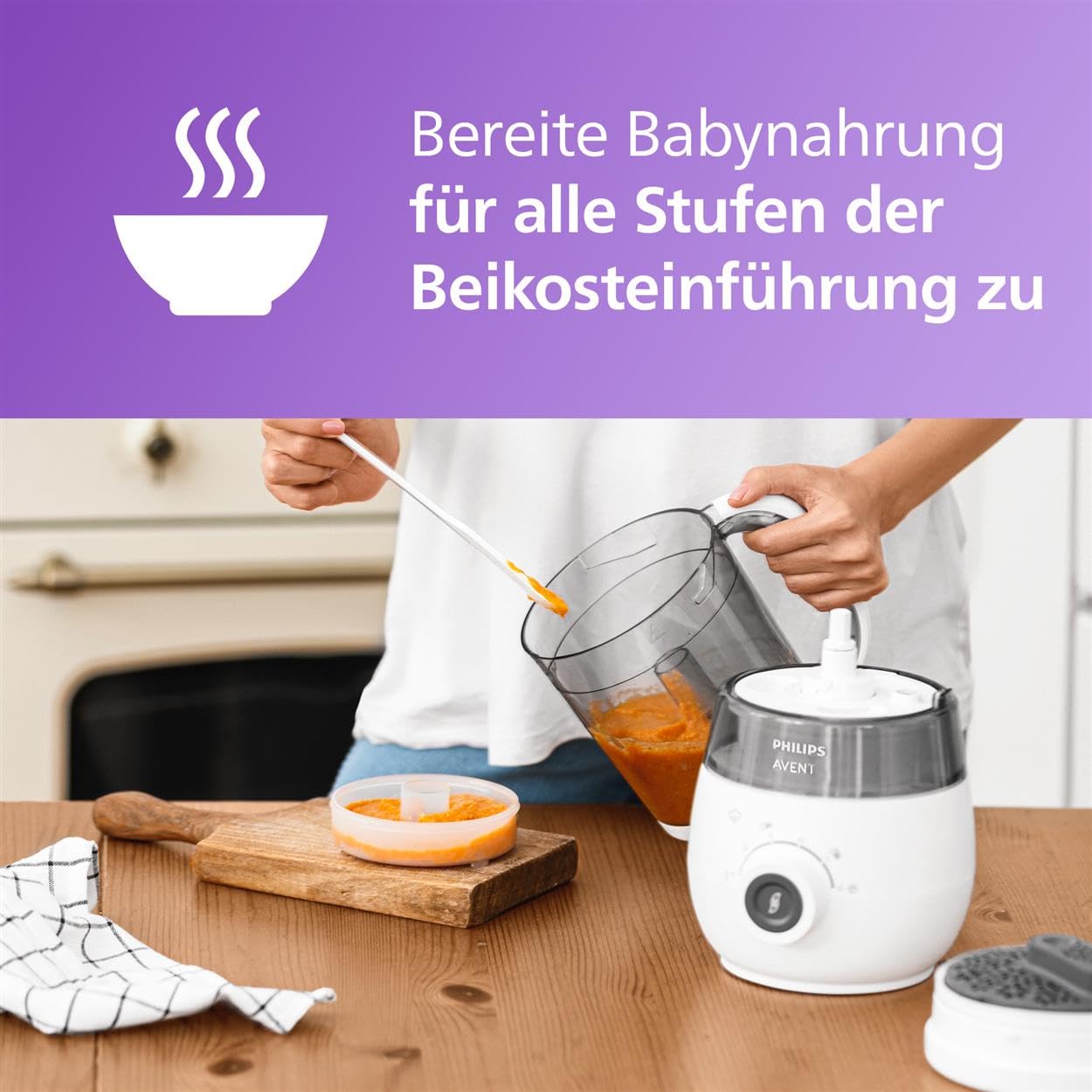 Philips AVENT 4-in-1 Dampfgarer mit Mixer Premium SCF883/01 Babynahrungszubereiter spülmaschinenfest + Aufbewahrungssystem SCF618/10