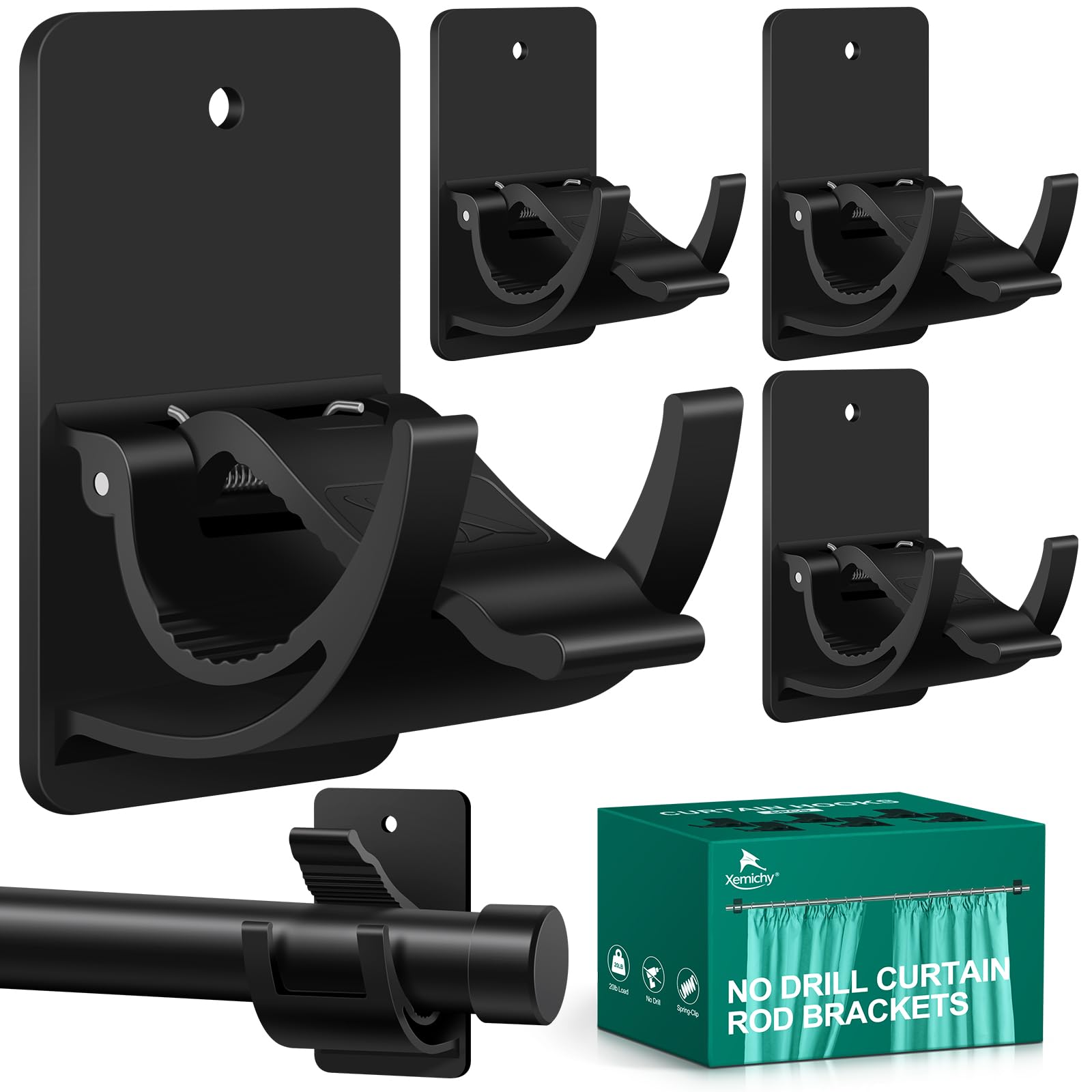 Xemichy No Drill Curtain Rod Brackets 4-Pack
