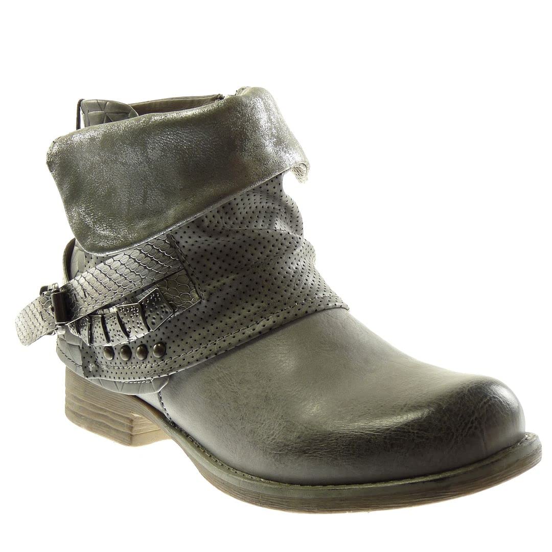 Angkorly - Women's Fashion Shoes Ankle Boots - Booty - Biker - Covered - Buckle - Thong - Braided Block 3.5 CM