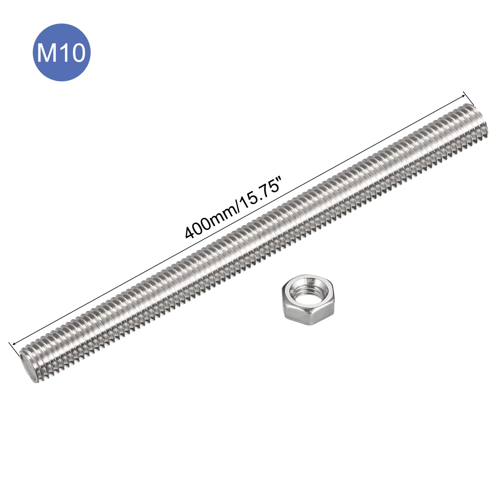 sourcing map Paquete de 12 varillas totalmente roscadas M10 x 400 mm con 12 tuercas hexagonales, paso de rosca de 1,5 mm de acero inoxidable 304 para mano derecha