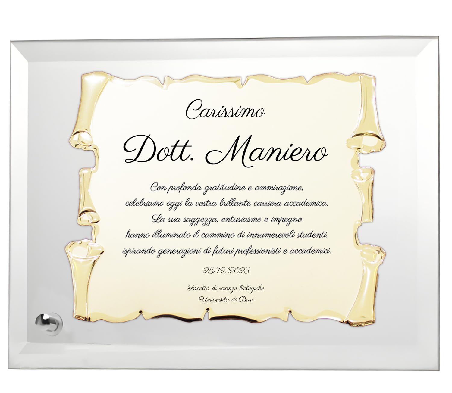 Targa Personalizzata Regalo per Matrimoni, Anniversari, Lauree, Pensionamenti e Riconoscimenti Speciali | Cristallo e Pergamena Dorata
