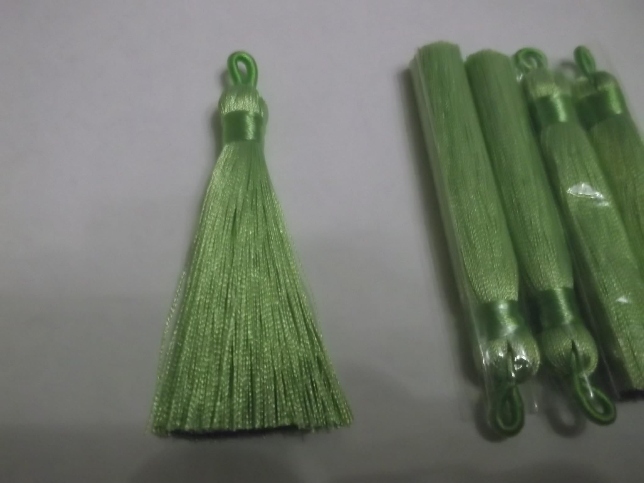 10pcs - Lime Green Silky Soft 8cm-9cm Tassels with Hanging Loops for Bookmarks Jewellery Keychains Pendant Decoration Crafts