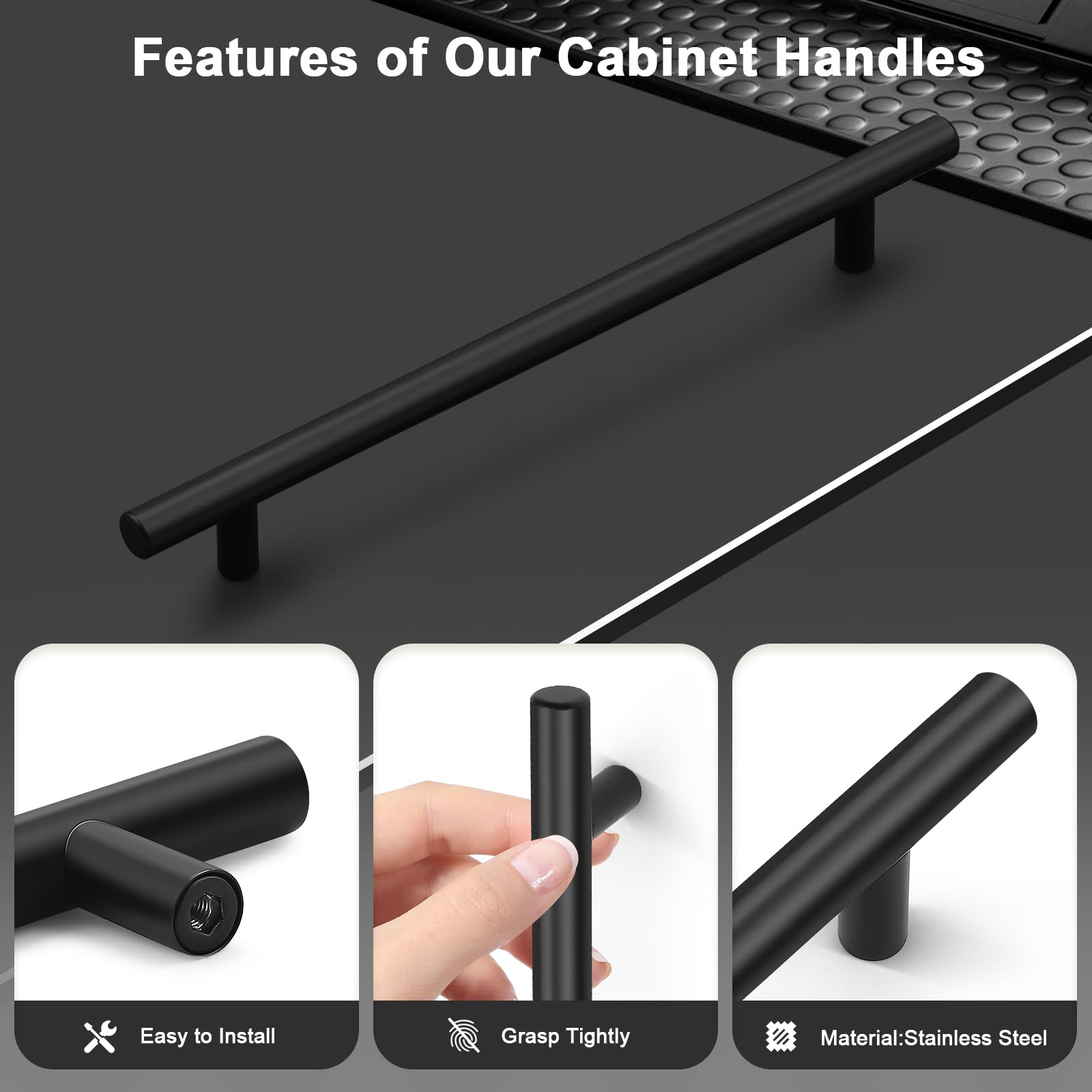 Probrico 30-Pack Black Stainless Steel Cabinet Pulls – 8-4/5" Hole Spacing (224mm), 11-1/2" Overall Length, Modern Kitchen Drawer Handles With 2 Screw Sizes