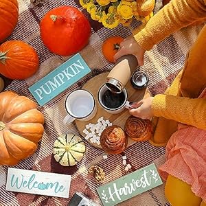 Geetery 3 pcs fall decor blue thanksgiving table centerpiece welcome pumpkin harvest wooden block sign fall decorations farmhouse autumn decor for home table office room  urban country home decor