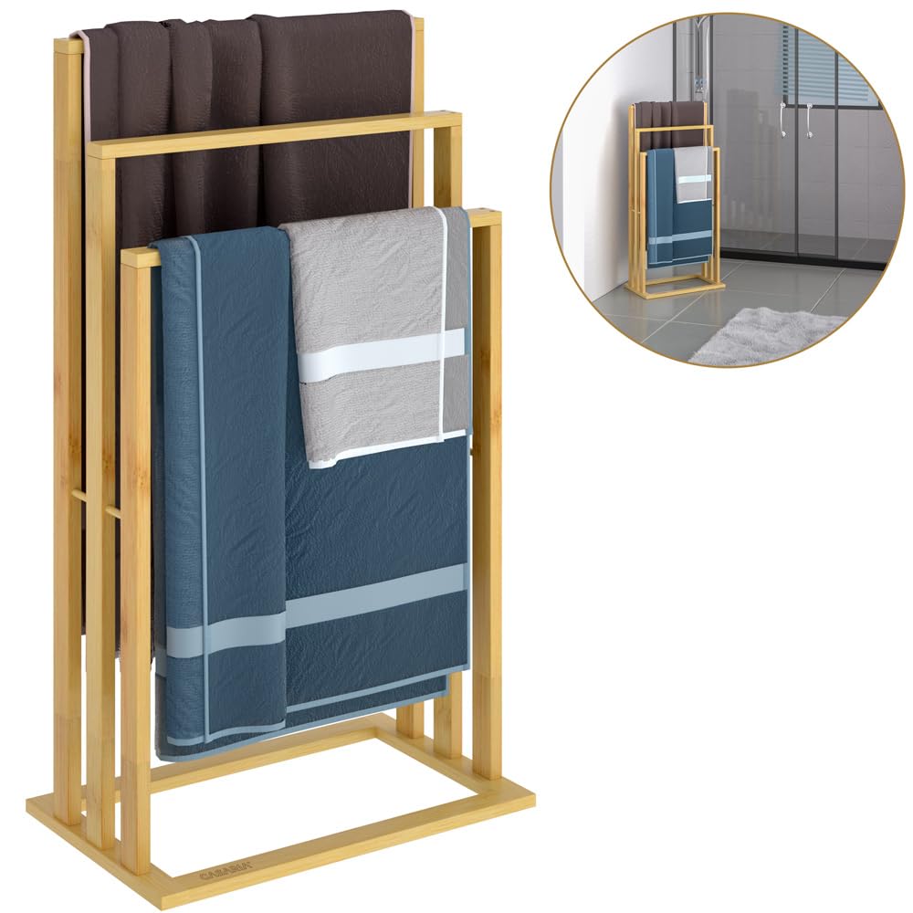 Porte-Serviettes en Bambou sur Pied avec 3 Barres Étagère de Salle de Bain Support pour Serviettes Charge Max 15 kg