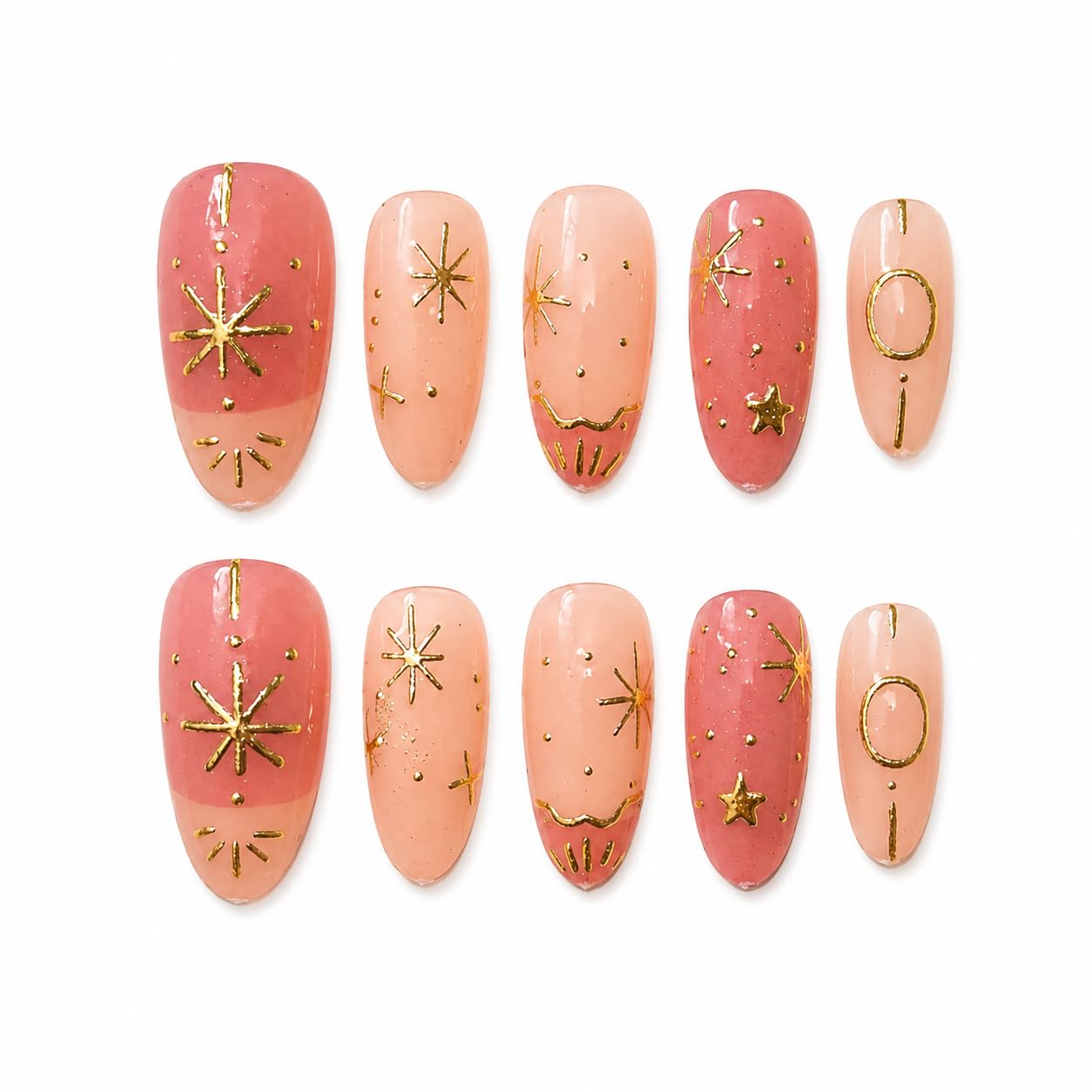 peach ombre press on nails, glossy almond shape, gold star and foil design, reusable stick on nail extensions, 10 pcs